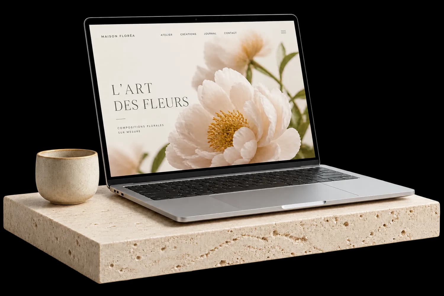 Ordinateur portable sur une surface claire, présentant un site floral